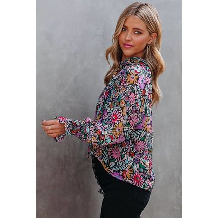 Multicolor Floral Print Ruffled Long Sleeve V-Neck Blouse