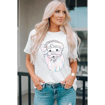 White Cute Santa Claus Graphic Casual Tee