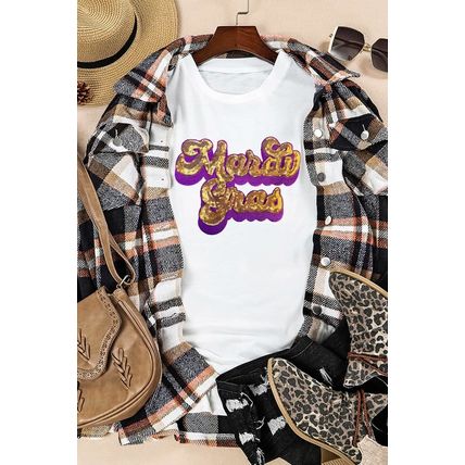 White Mardi Gras Sequin Graphic T-shirt