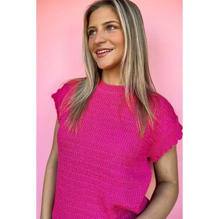Rose Red Scalloped Short Sleeve Summer Sweater Top