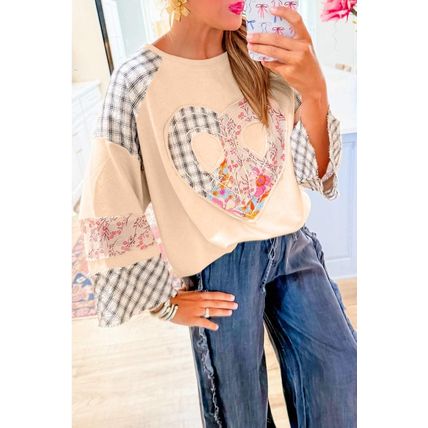 Beige Plaid Floral Peace Heart Graphic Wide Long Sleeve Top