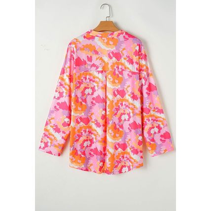 Pink Plus Size Abstract Floral Print V Neck Blouse
