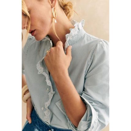Sky Blue Stripe Frilled Trim Button Up Long Sleeve Shirt