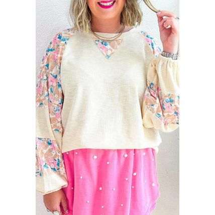 Apricot Plus Size Floral Patchwork Ribbed Puff Sleeve Top