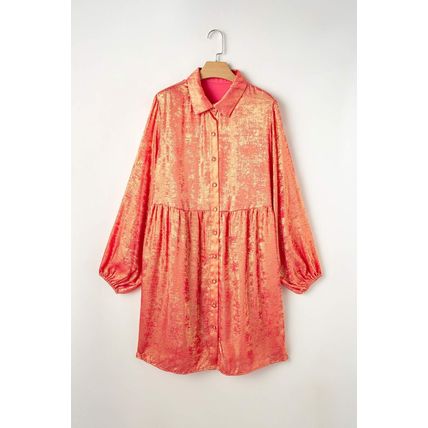 Peach Blossom Metallic Balloon Sleeve Shirt Plus Size Mini Dress