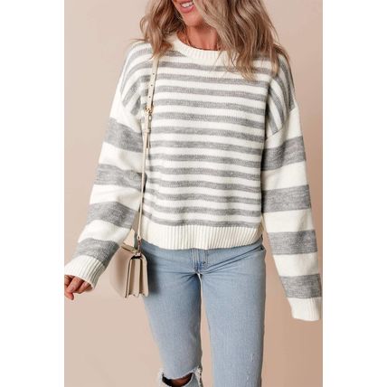Gray Stripe Drop Shoulder Crew Neck Sweater