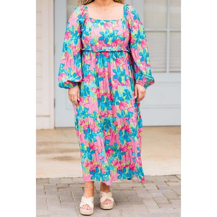 Sky Blue Floral Allover Print Shirred Square Neck Plus Size Maxi Dress