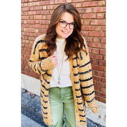 Beige Striped Pom Pom Knit Open Front Long Cardigan