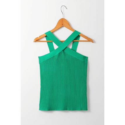 Dark Green Ribbed Criss Cross Halter Neck Sheath Sweater Tank Top