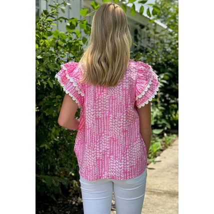 Pink Abstract Print Ric Rac Trim Flutter Sleeve Notch V Neck Blouse