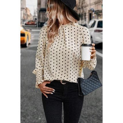 Apricot Polka Dot Print Frilled Collar Lantern Sleeve Blouse