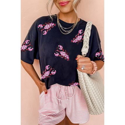 Black Sequin Crawfish Patched Crew Neck Tee
