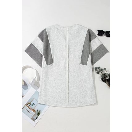 Light Grey Two Tone Contrast Waffle Knit Patched Buttoned V Neck Top