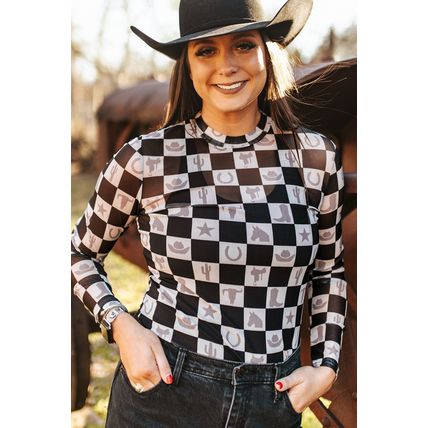 Black Checkerboard Western Elements Printed Mesh Long Sleeve Top