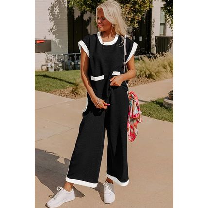 Black Color Block Pocketed T Shirt and Wide Leg Pants Set