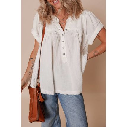 White Textured Short Sleeve Buttons Frayed Blouse
