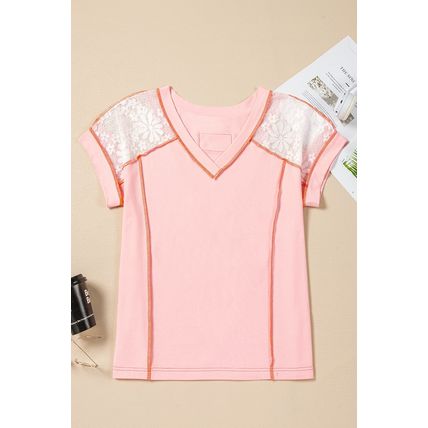 Light Pink Lace Patchwork Exposed Seam V Neck T Shirt