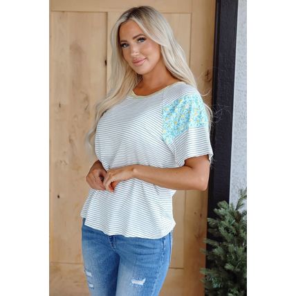 White Stripe Floral Insert Sleeves Contrast Round Neck Tee