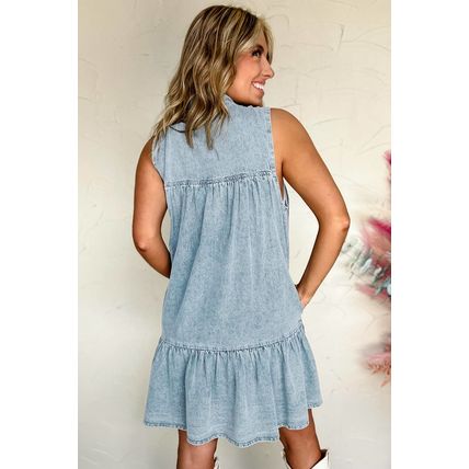 Beau Blue Bowknot Neck Sleeveless Ruffled Chambray Dress