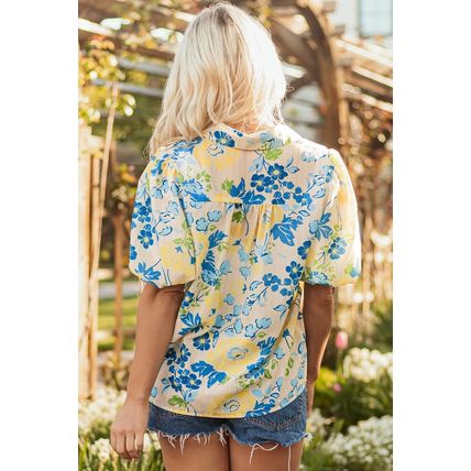 Blue Floral Striped Mixed Print Puff Short Sleeve Blouse