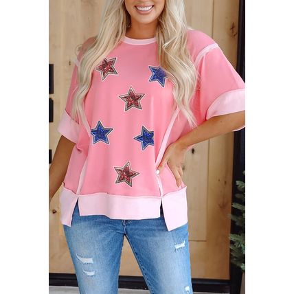 Peach Blossom Independence Day Sequin Star Graphic Contrast Patchwork Tee