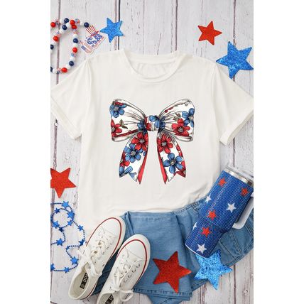 White July 4th Flower Bowknot Print Crew Neck T Shirt