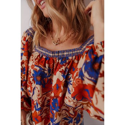 Multicolour Floral Print Square Neck Backless Loose Fit Blouse