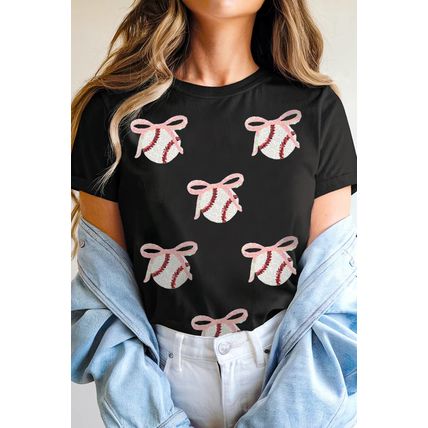 Black Shimmering Sequin Bow Ball Patterned Game Day Casual Tee