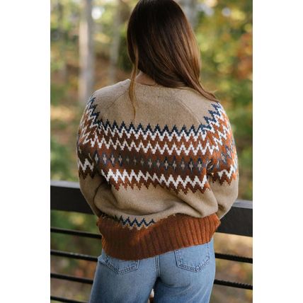 Khaki Aztec Print Colorblock Crew Neck Sweater
