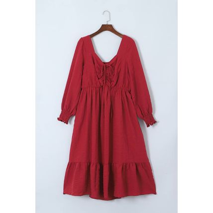 Fiery Red Lace-up Ruched Front Long Sleeve Ruffle Hem Plus Size Midi Dress