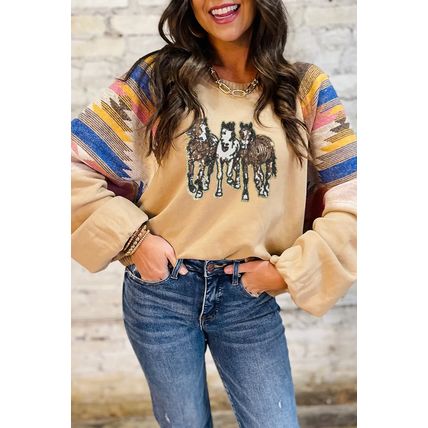 Light French Beige Sequined Western Horses Graphic Aztec Bubble Sleeve Western F