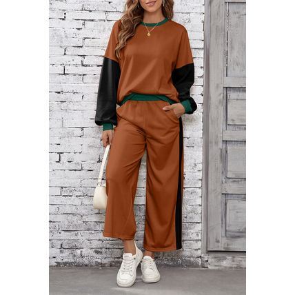 Chestnut 2pcs Color Block Pullover Loose Pant Set