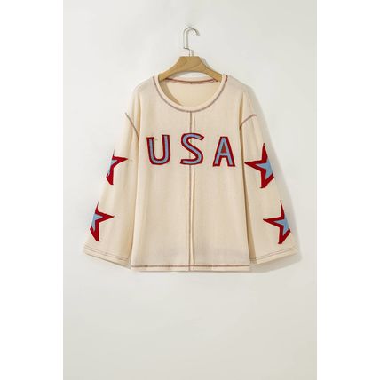 Beige USA Star Contrast Patchwork Exposed Seam Long Sleeve Top