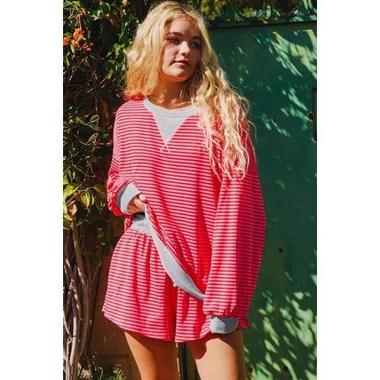 Red Stripe Drop Shoulder Baggy Pullover and Shorts Casual Set