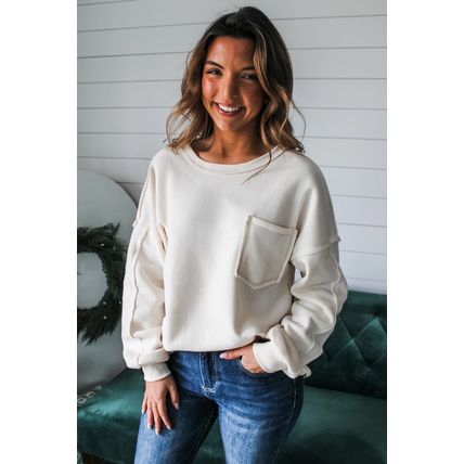 White Exposed Seam Chest Pocket Knit Pullover Sweatshirt