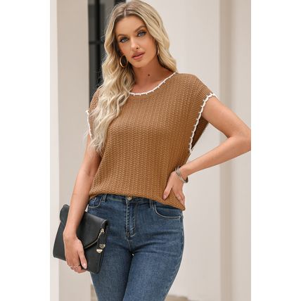 Camel Contrast Trim Boxy Fit Knit Short Sleeve Sweater Top