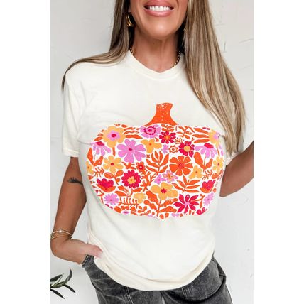 White Floral Pumpkin Cracking Print Thanksgiving Fashion T Shirt