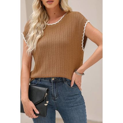 Camel Contrast Trim Boxy Fit Knit Short Sleeve Sweater Top