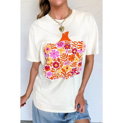White Floral Pumpkin Cracking Print Thanksgiving Fashion T Shirt