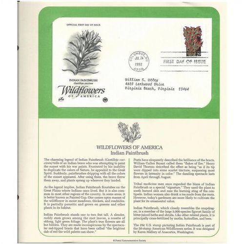 WILDFLOWERS OF AMERICA : INDIAN PAINT ' OFFICIAL FIRST DAY of ISSUE ' (1992)