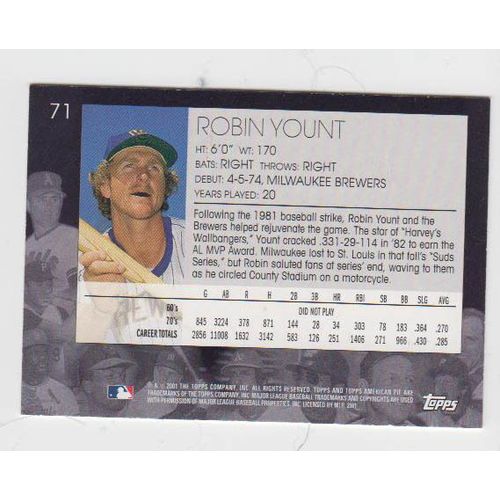 2001 Topps American Pie Robin Yount baseball card #71 –HOF - Brewers
