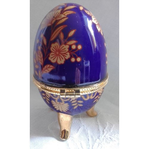 Porcelain Footed Egg Shaped Hinged Trinket, Jewellery Or Pill Box Blue And Gold