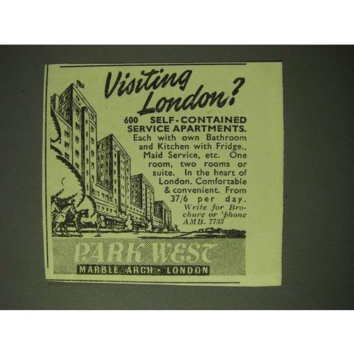 1955 Park West Hotel Ad - Visiting London? 600 self-contained service apartments