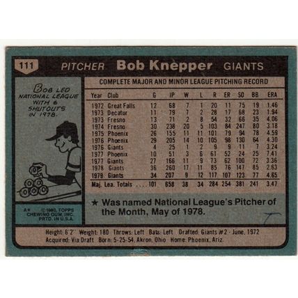 1980 Topps baseball card 111 Bob Knepper - Giants