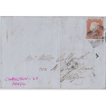 GB 1853 cover to Glasgow with 1d red & 2x red slogan marks at rear and letter