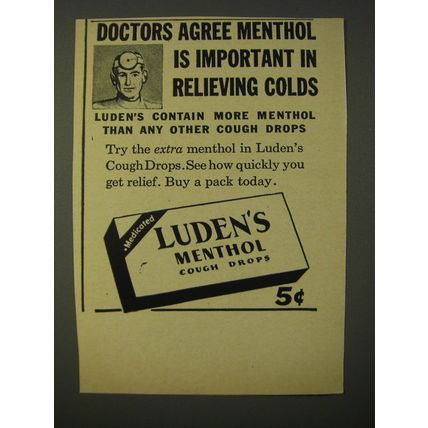 1950 Luden's Menthol Cough Drops Ad - Doctors agree menthol is important