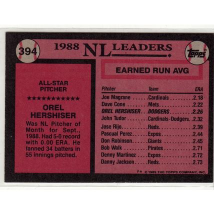 1989 Topps Orel Hershiser baseball card #394 All Star