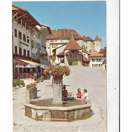 Gruyeres Fontaine Hotel de Ville Switzerland Postcard unused crease