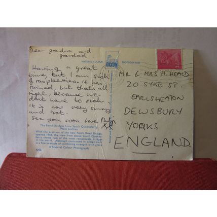 FORTH BRIDGES from SOUTH QUEENSFERRY, SCOTLAND used postcard J A Dixon 1971 pm =