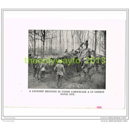 LANDSHIP (TANK) TOWING GERMAN NAVAL GUN, FRANCE, PHOTO BOOK ILLUSTRATION c1914